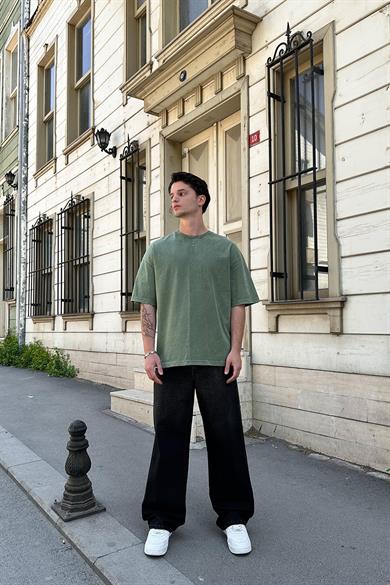 Yeşil Acid Wash Basic 1Z EE Oversize Tişört