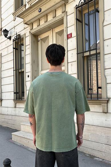 Yeşil Acid Wash Basic 1Z EE Oversize Tişört