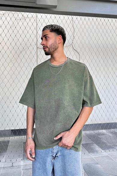 Yeşil Acid Wash Basic M7 PM Oversize Tişört