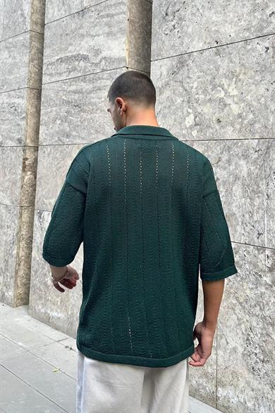 Yeşil Basic Örme Triko GO Polo Yaka Oversize Tişört