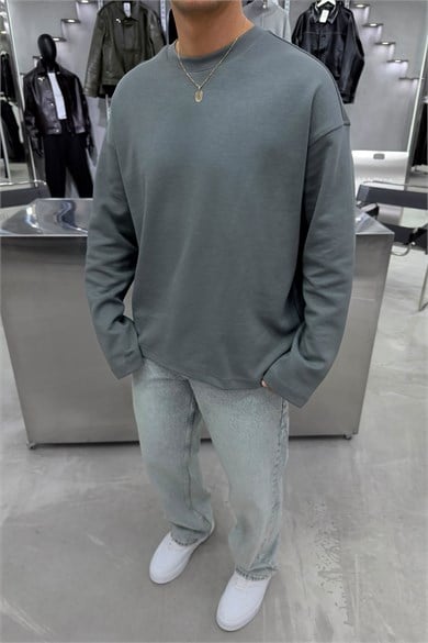 Yeşil Basic Uzun Kollu Oversize Tişört