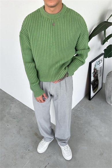 Yeşil Bisiklet Yaka Fitilli Oversize Triko Kazak