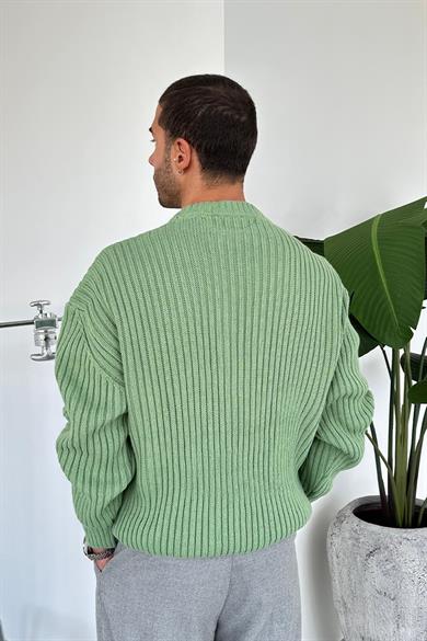 Yeşil Bisiklet Yaka Fitilli Oversize Triko Kazak