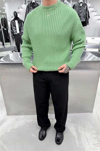 Yeşil Bisiklet Yaka Fitilli Oversize Triko Kazak