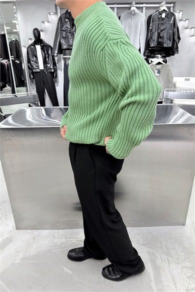 Yeşil Bisiklet Yaka Fitilli Oversize Triko Kazak