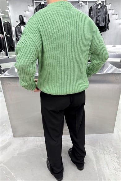 Yeşil Bisiklet Yaka Fitilli Oversize Triko Kazak