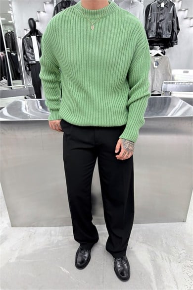 Yeşil Bisiklet Yaka Fitilli Oversize Triko Kazak