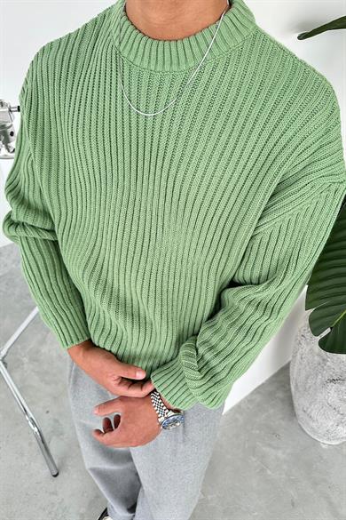 Yeşil Bisiklet Yaka Fitilli Oversize Triko Kazak
