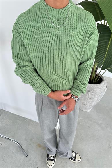 Yeşil Bisiklet Yaka Fitilli Oversize Triko Kazak