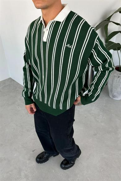 Yeşil Çizgili Oversize Polo Yaka Sweatshirt