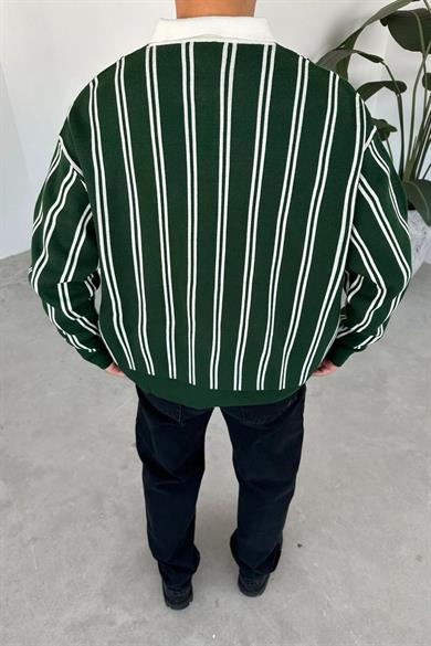 Yeşil Çizgili Oversize Polo Yaka Sweatshirt