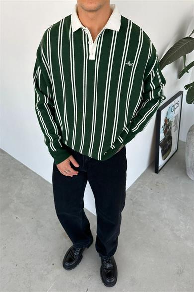 Yeşil Çizgili Oversize Polo Yaka Sweatshirt