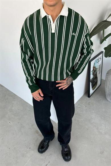 Yeşil Çizgili Oversize Polo Yaka Sweatshirt