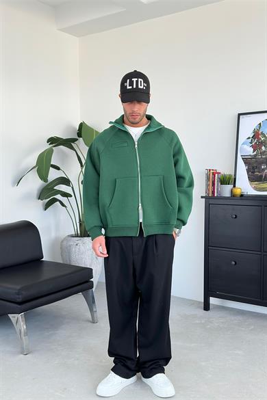 Yeşil Cozy Basic Çift Fermuar Oversize Sweatshirt