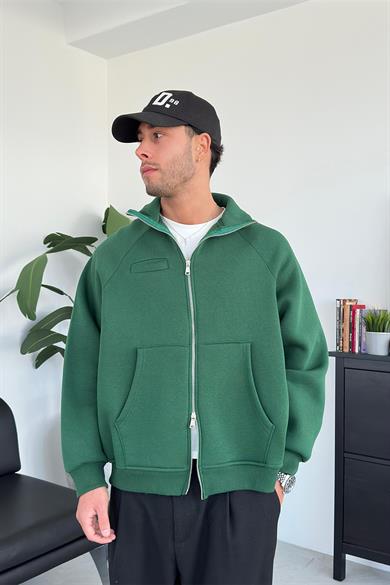 Yeşil Cozy Basic Çift Fermuar Oversize Sweatshirt