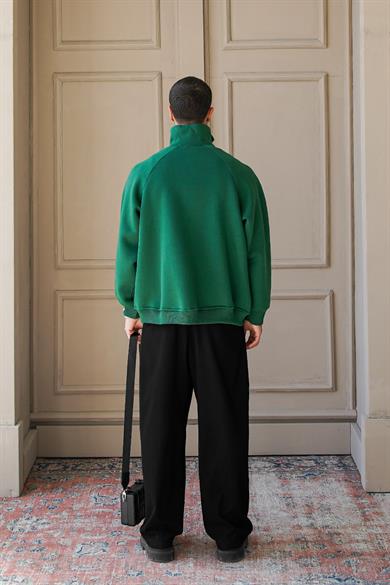 Yeşil Cozy Basic Çift Fermuar Oversize Sweatshirt