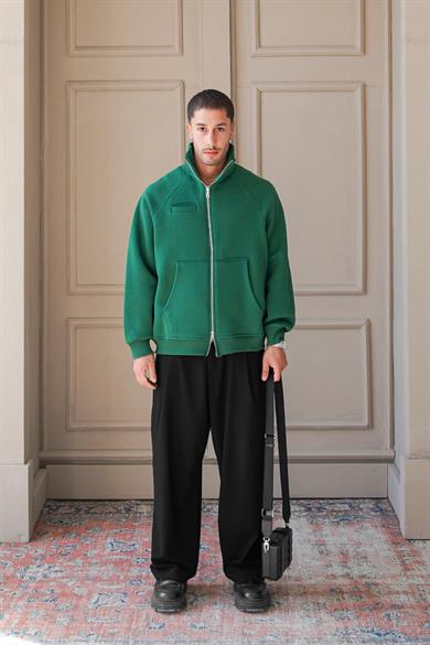 Yeşil Cozy Basic Çift Fermuar Oversize Sweatshirt