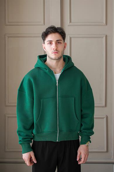 Yeşil Cozy Basic Tam Fermuar Oversize Sweatshirt
