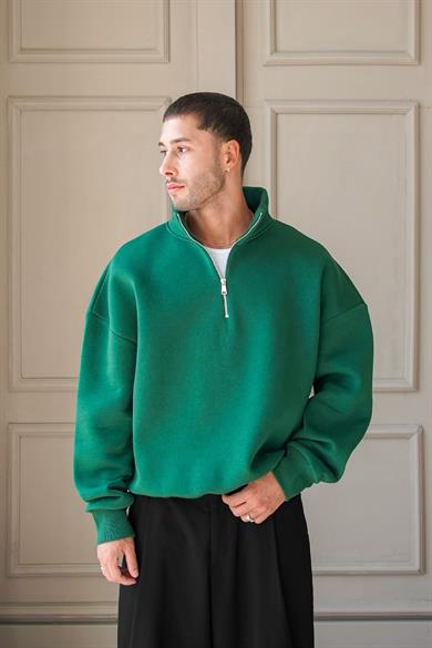Yeşil Cozy Basic Yarım Fermuar Oversize Sweatshirt