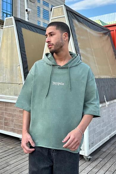 Yeşil Dropsize Nakış Detaylı Kapüşonlu PH Oversize Tişört