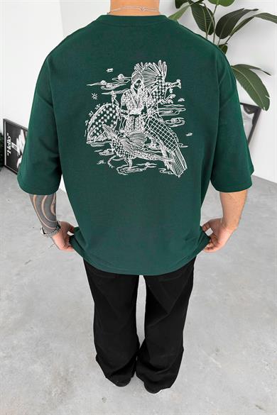 Yeşil Etnik Nakışlı Oversize Tişört