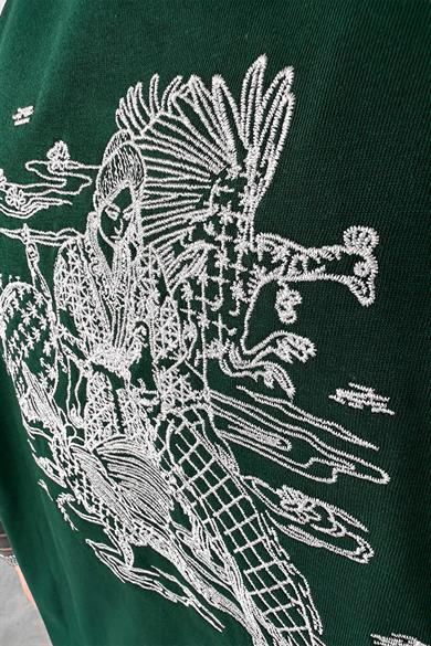 Yeşil Etnik Nakışlı Oversize Tişört