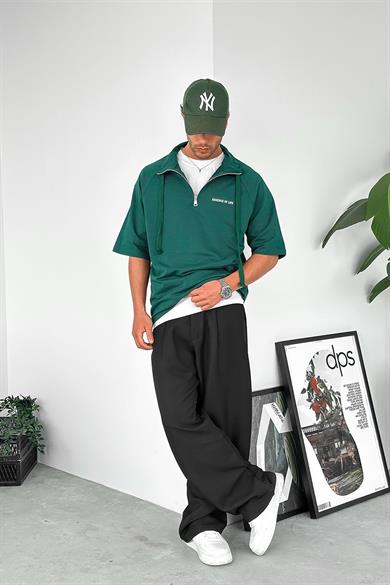 Yeşil Fermuarlı EE Oversize Polo Yaka Tişört