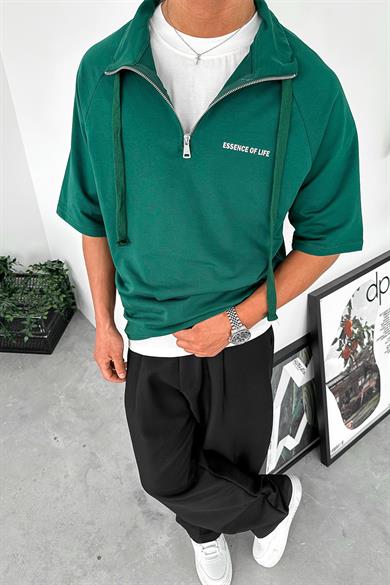 Yeşil Fermuarlı EE Oversize Polo Yaka Tişört