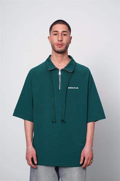Yeşil Fermuarlı EE Oversize Polo Yaka Tişört