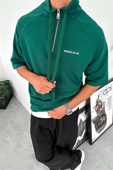 Yeşil Fermuarlı EE Oversize Polo Yaka Tişört