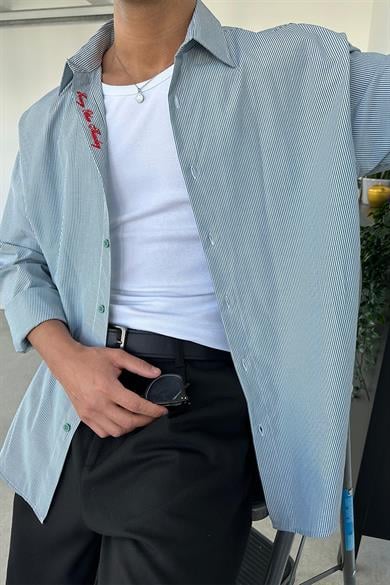 Yeşil İnce Çizgili Yaka Nakış Detay Oversize Gömlek