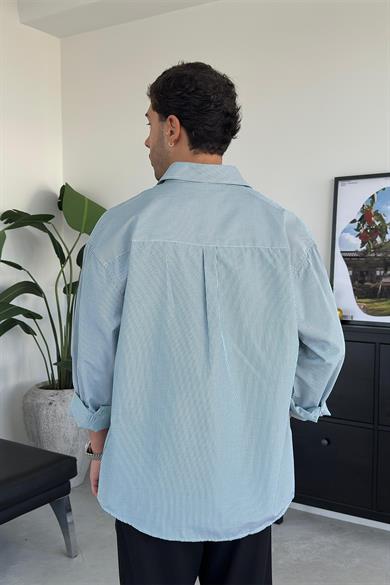 Yeşil İnce Çizgili Yaka Nakış Detay Oversize Gömlek