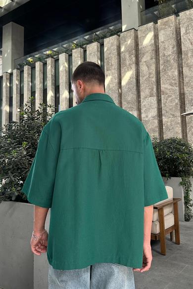 Yeşil Keten Ön Cep Nakış Detay S8 BS Oversize Gömlek