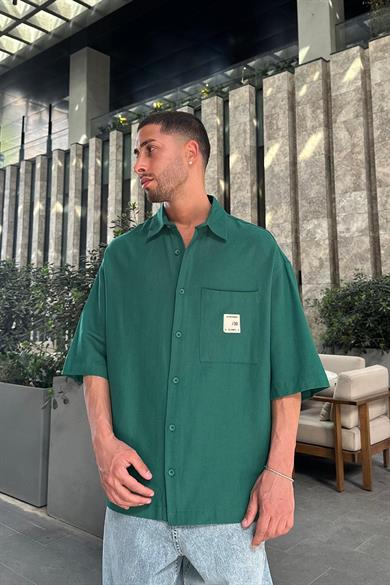 Yeşil Keten Ön Cep Nakış Detay S8 BS Oversize Gömlek