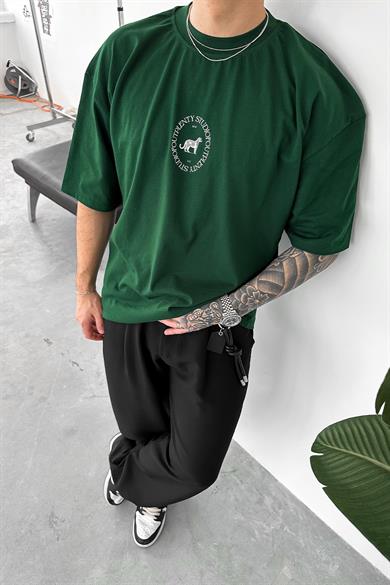 Yeşil Minimal Tiger Baskılı Oversize Tişört