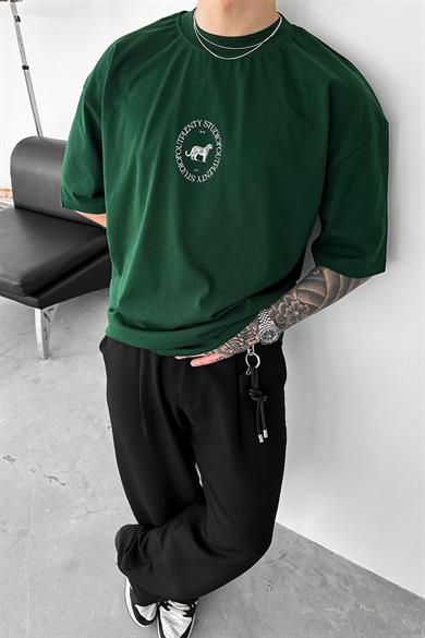 Yeşil Minimal Tiger Baskılı Oversize Tişört