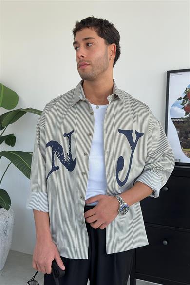 Yeşil NY Baskılı Oversize Çizgili Gömlek