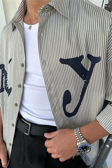 Yeşil NY Baskılı Oversize Çizgili Gömlek