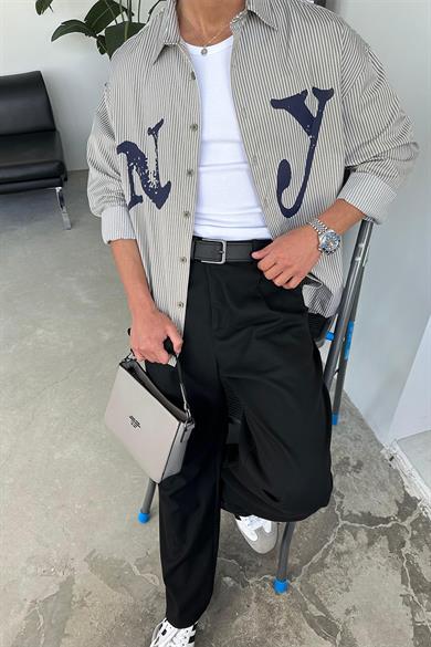 Yeşil NY Baskılı Oversize Çizgili Gömlek