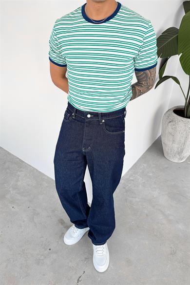 Yeşil Old Money Çizgili Oversize Tişört