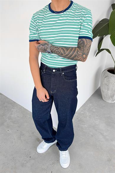 Yeşil Old Money Çizgili Oversize Tişört