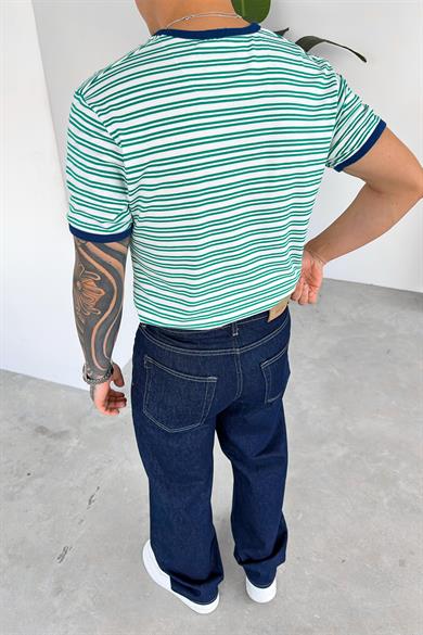 Yeşil Old Money Çizgili Oversize Tişört