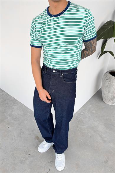 Yeşil Old Money Çizgili Oversize Tişört