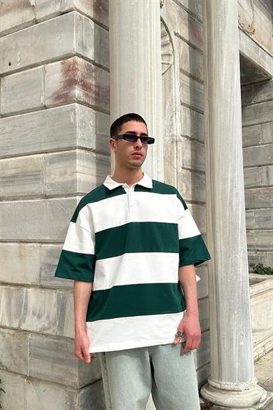 Yeşil Polo Yaka  Çizgili EE Oversize Tişört