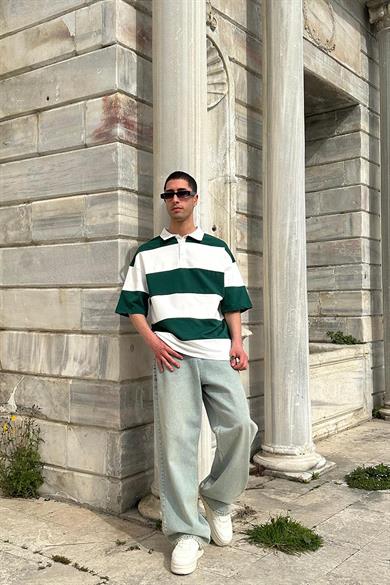 Yeşil Polo Yaka  Çizgili EE Oversize Tişört