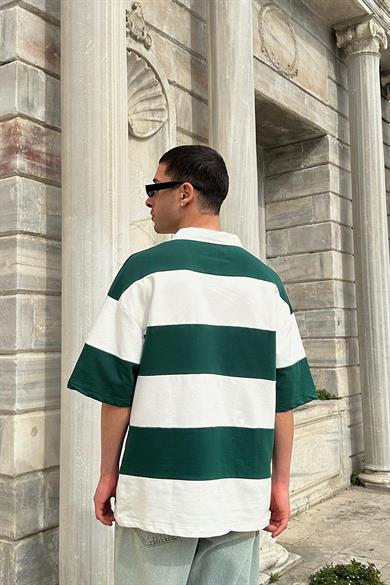 Yeşil Polo Yaka  Çizgili EE Oversize Tişört