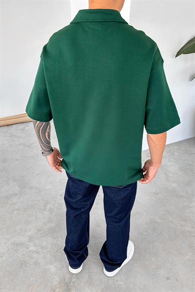 Yeşil Quit Place Baskı Detay Oversize Polo Yaka Tişört
