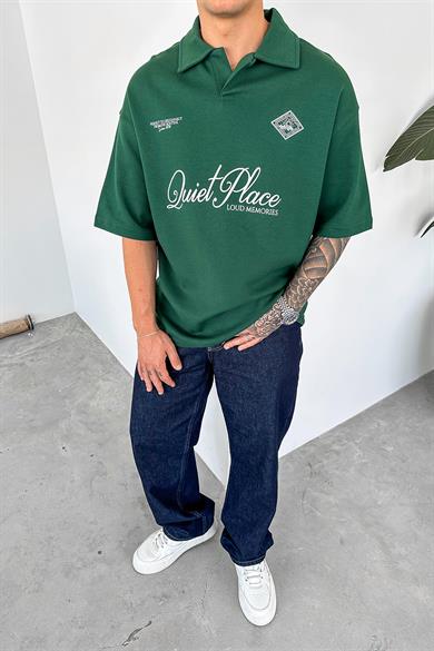 Yeşil Quit Place Baskı Detay Oversize Polo Yaka Tişört