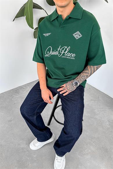 Yeşil Quit Place Baskı Detay Oversize Polo Yaka Tişört