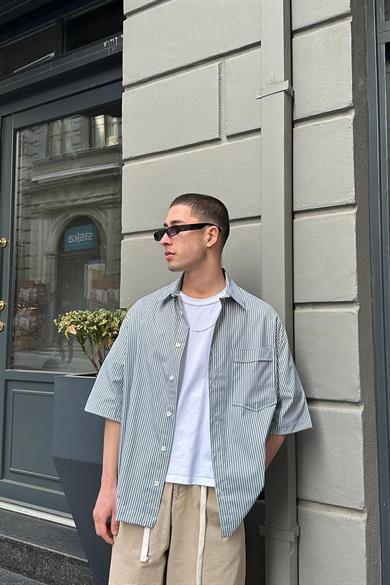 Yeşil Şerit Detay Ön Cepli 07 PH Oversize Gömlek
